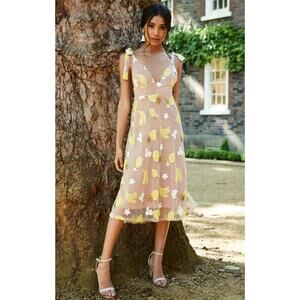 For Love & Lemons Fruit Punch Yellow & Nude Sequin MIDI Dress Size M